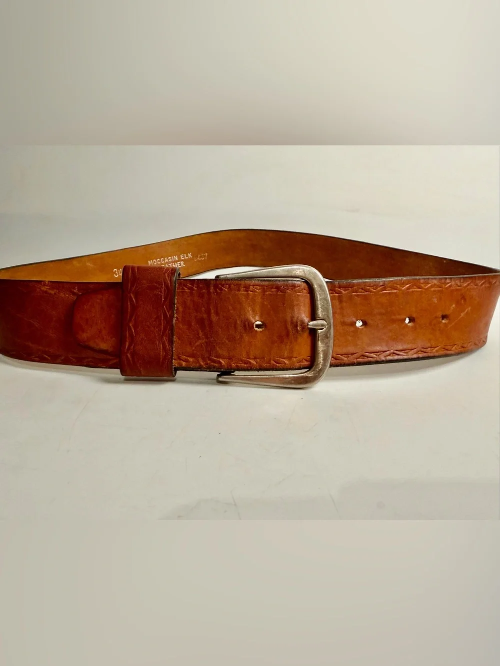 VTG Devonshire 34 1.5” Moccasin Elk Leather Belt Top Grain Silver Brass Buckle